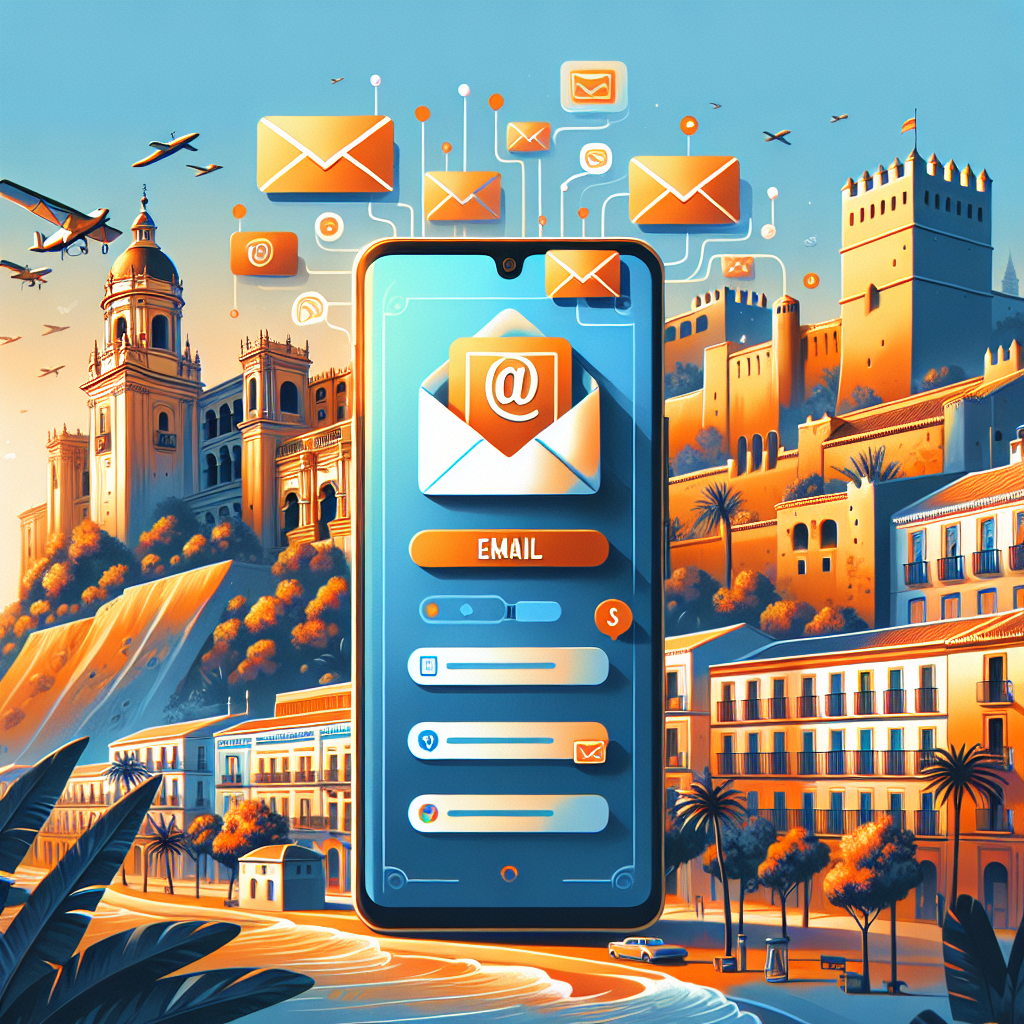 Professional illustration showing a smartphone with email interface against Malaga cityscape background featuring Alcazaba fortress and cathedral, with floating email notification icons representing automated marketing sequences for tourism businesses