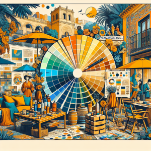 Professional color palette display featuring Mediterranean-inspired marketing colors including terracotta, deep blue, sunny yellow, and olive green swatches arranged in an artistic composition with subtle Spanish architectural elements, representing color psychology principles for business branding in Malaga