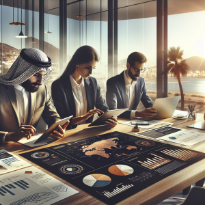 Business professionals collaborating in a modern Malaga office, reviewing B2B marketing materials including whitepapers and case studies on digital devices, with Mediterranean coastline visible through large windows