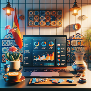 Modern laptop displaying colorful social media management dashboard with scheduling calendars and analytics charts on a desk with Spanish cultural elements including ceramic tiles and coffee cup in Mediterranean lighting
