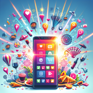 Smartphone displaying TikTok app interface with colorful video thumbnails surrounded by floating icons representing Spanish local businesses including tapas and flamenco elements with social media engagement symbols in bright pink blue and orange colors