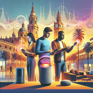 Modern scene showing people using voice-activated devices like smart speakers and smartphones in Malaga with the cathedral and palm trees in background, featuring warm Mediterranean colors and visual sound waves representing voice commerce technology
