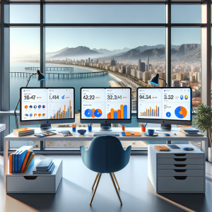 Modern office workspace with multiple computer monitors displaying Google Analytics 4 dashboards and colorful data visualizations, overlooking Málaga cityscape through windows, representing advanced analytics and data-driven business intelligence