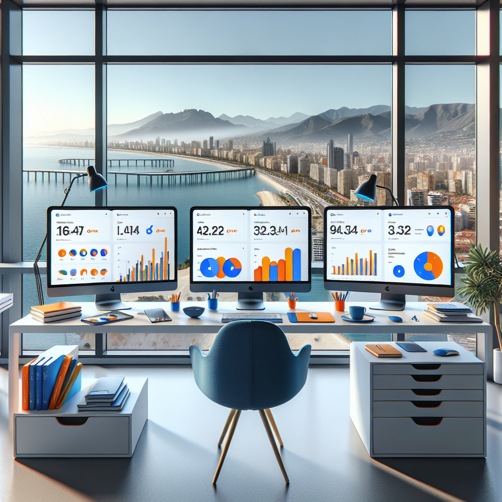 Modern office workspace with multiple computer monitors displaying Google Analytics 4 dashboards and colorful data visualizations, overlooking Málaga cityscape through windows, representing advanced analytics and data-driven business intelligence
