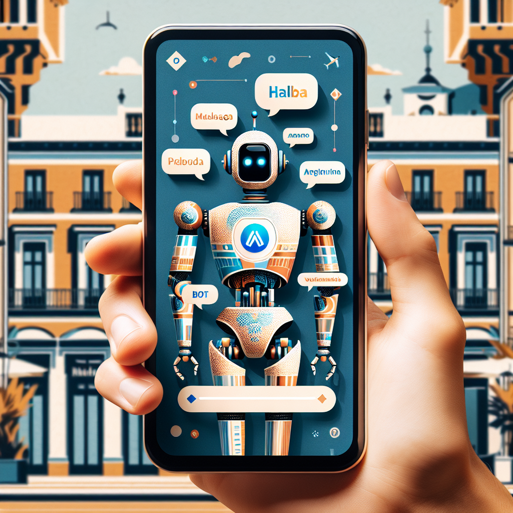 Modern smartphone displaying a friendly AI chatbot interface with multilingual speech bubbles, set against a Mediterranean-inspired background featuring Malaga architectural elements in warm terracotta and blue tones, representing advanced customer service automation technology