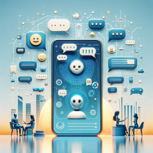 Digital illustration of a modern AI chatbot interface displayed on a mobile device with floating chat bubbles and Mediterranean-inspired blue and orange color scheme representing customer service automation technology