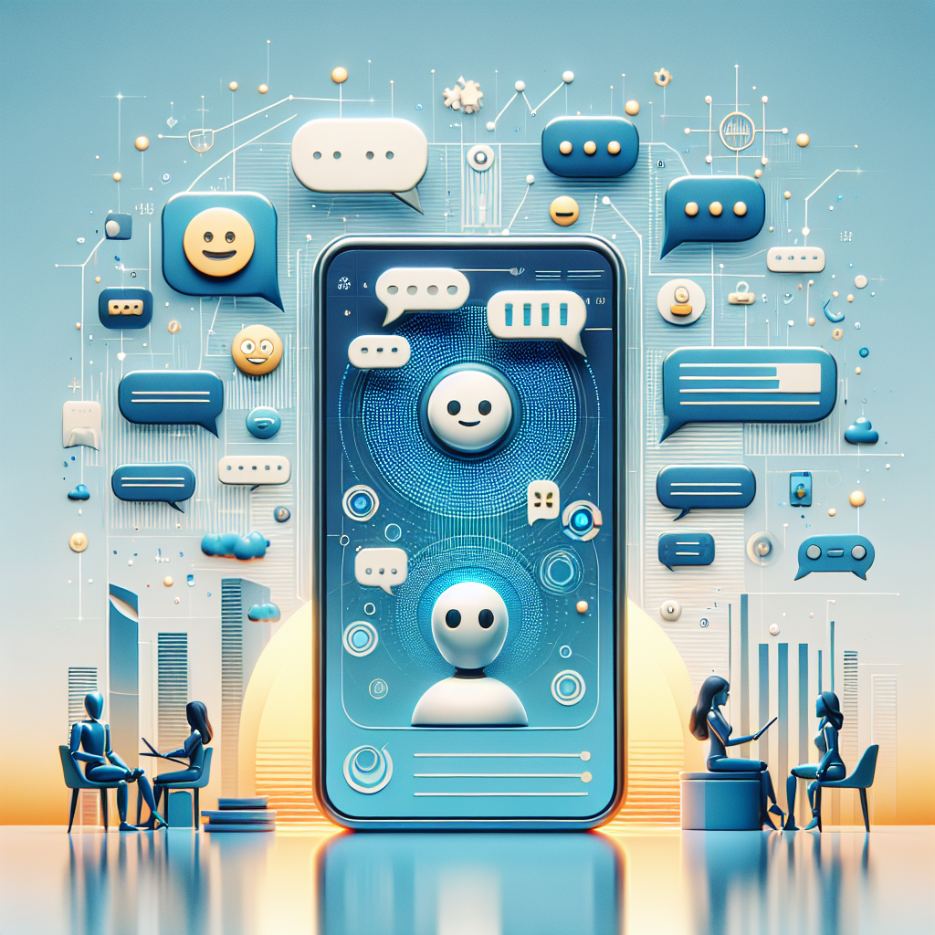 Digital illustration of a modern AI chatbot interface displayed on a mobile device with floating chat bubbles and Mediterranean-inspired blue and orange color scheme representing customer service automation technology