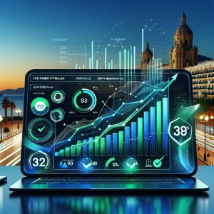 Modern laptop displaying website performance dashboard with Core Web Vitals metrics including green checkmarks for loading speed, interactivity scores, and visual stability indicators against a clean blue background with subtle Malaga coastal elements