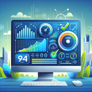 Digital illustration of a computer monitor displaying website performance metrics dashboard with speedometer gauges showing fast loading times, upward trending graphs, and green checkmarks indicating successful Core Web Vitals optimization against a modern tech background with subtle Malaga cityscape elements