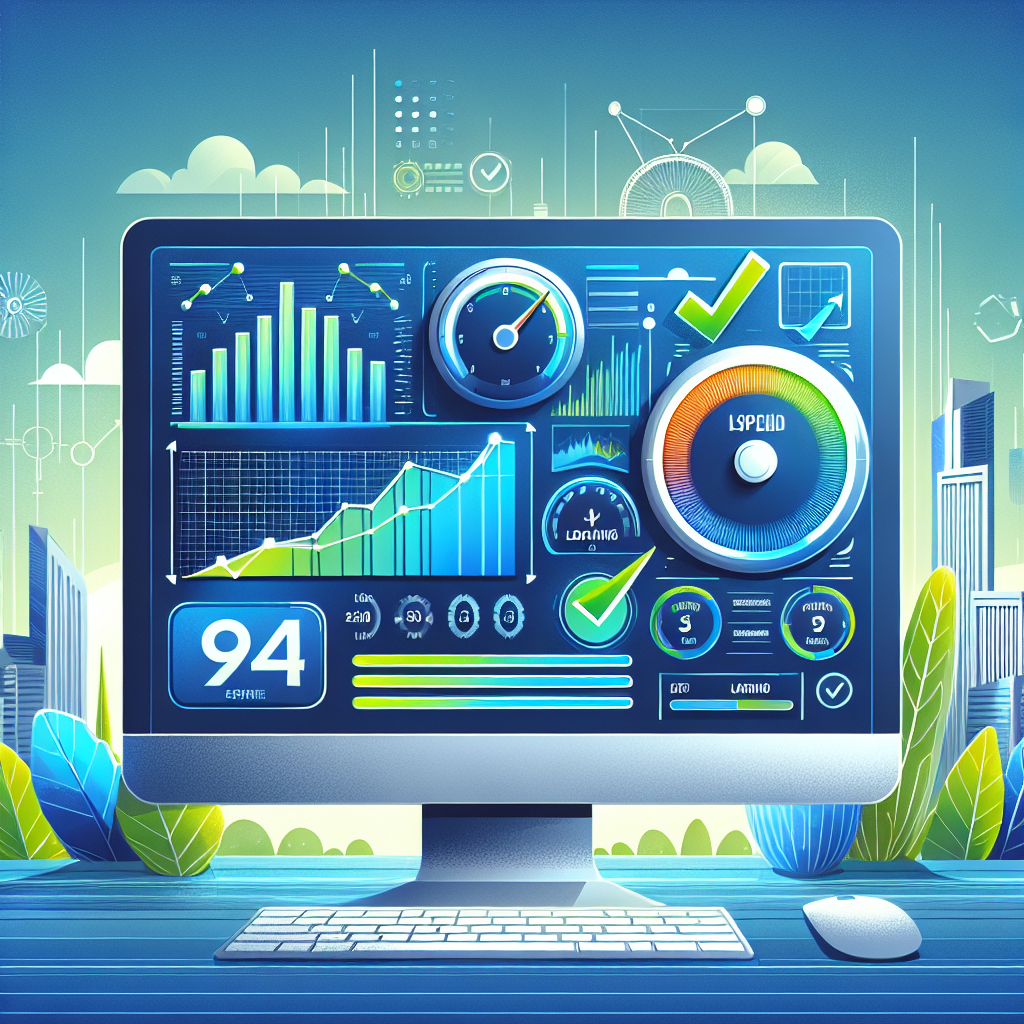 Digital illustration of a computer monitor displaying website performance metrics dashboard with speedometer gauges showing fast loading times, upward trending graphs, and green checkmarks indicating successful Core Web Vitals optimization against a modern tech background with subtle Malaga cityscape elements