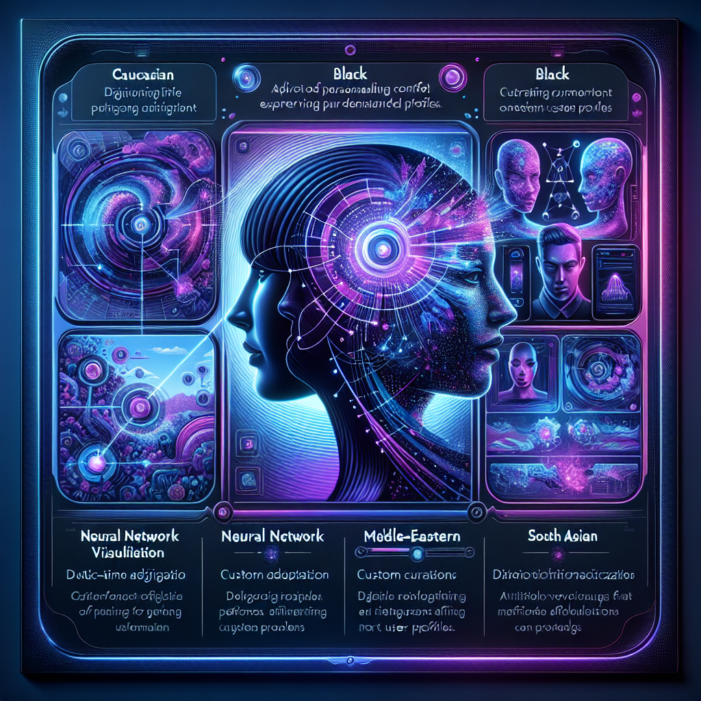 Futuristic digital interface displaying AI-powered personalization technology with holographic screens showing dynamic content adapting for different user profiles, featuring neural network visualizations and data streams in blue and purple tones representing modern marketing personalization systems