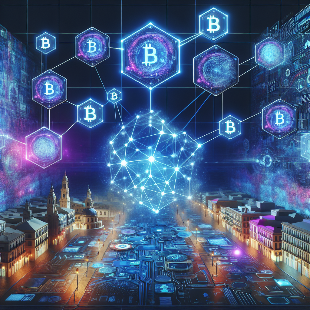 Futuristic illustration showing an interconnected blockchain network with glowing nodes overlaying a stylized map of Malaga Spain with holographic advertising displays and cryptocurrency symbols in blue and purple tones representing digital marketing transparency and innovation