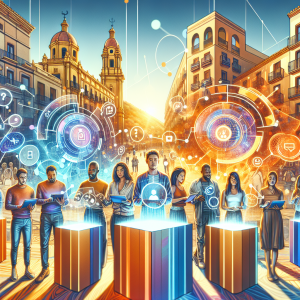 Illustration of people in Malaga engaging with floating holographic interactive content screens showing polls, quizzes, and infographics against Mediterranean architecture backdrop