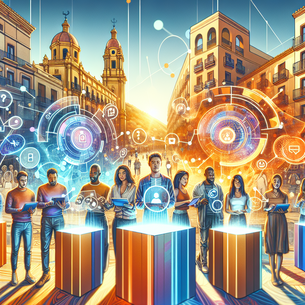 Illustration of people in Malaga engaging with floating holographic interactive content screens showing polls, quizzes, and infographics against Mediterranean architecture backdrop