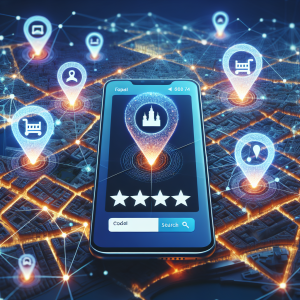 Digital illustration of Malaga map with multiple business location pins connected by network lines, smartphone showing Google My Business interface, and floating review stars representing multi-location SEO optimization strategy