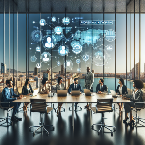 Business professionals collaborating at conference table with LinkedIn interface on laptops in modern Malaga office overlooking Mediterranean Sea with digital networking icons and connection nodes displayed holographically above the workspace