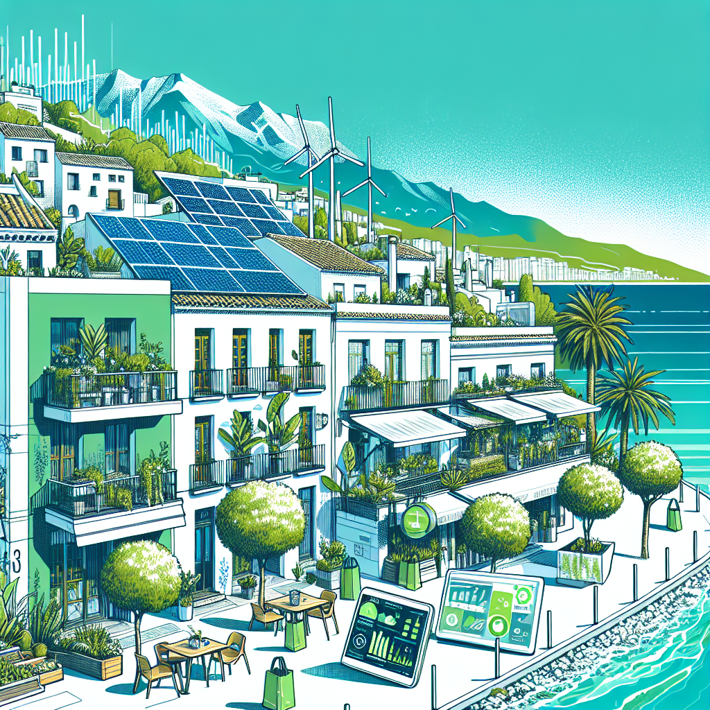 Modern illustration of Mediterranean coastal business in Malaga featuring eco-friendly elements including solar panels on white buildings, green plants, reusable bags, and digital sustainability metrics with azure sea and characteristic architecture in background