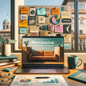 Professional marketing workspace with laptop displaying copywriting content, psychology books, colorful sticky notes with headline ideas, and coffee cup, featuring warm Mediterranean lighting and Malaga architectural elements visible through window in background