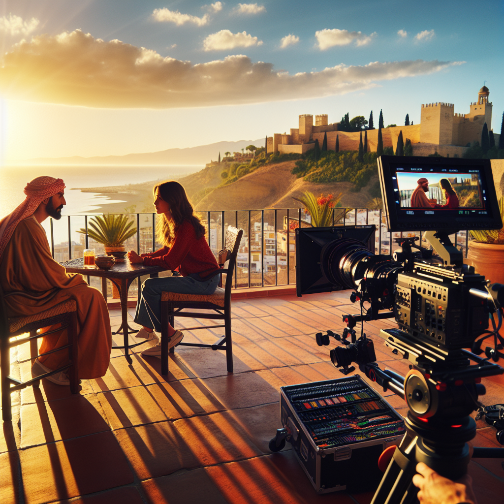 Professional video production setup on Mediterranean terrace in Malaga with camera crew filming authentic storytelling moment against coastal backdrop and Alcazaba fortress, featuring warm golden hour lighting and professional film equipment