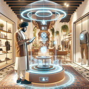 Modern retail store interior in Malaga showing customer using smartphone for augmented reality shopping with holographic product displays and virtual try-on technology in Mediterranean-styled space