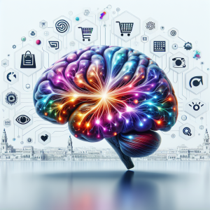 Colorful illustration of human brain with illuminated neural pathways surrounded by marketing icons including eye-tracking heat maps and shopping elements representing neuromarketing concepts for business applications