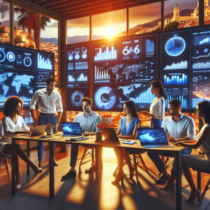 Modern business professionals collaborating around digital screens displaying affiliate marketing analytics, performance metrics, and partnership networks in a bright contemporary office with Mediterranean lighting