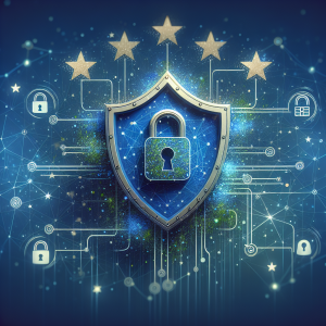 Modern digital illustration depicting a blue and green shield with padlock symbol surrounded by network nodes and data particles, representing GDPR data protection and secure digital marketing practices in compliance with European privacy regulations