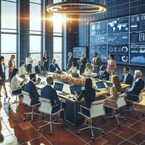 Professional business team collaborating on crisis communication strategy in a modern Malaga office with Mediterranean design elements and digital monitoring screens displaying social media analytics