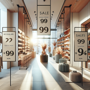 Modern Malaga retail store interior with psychological pricing displays showing charm pricing techniques, sale price tags, and limited-time offers in warm Mediterranean lighting with terracotta and blue color scheme
