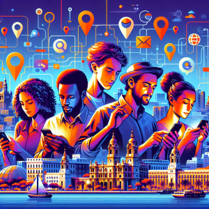 Illustration of diverse people using smartphones in various locations around Malaga with recognizable landmarks in the background, surrounded by digital icons representing search queries and notifications, depicting the concept of micro-moments in mobile marketing
