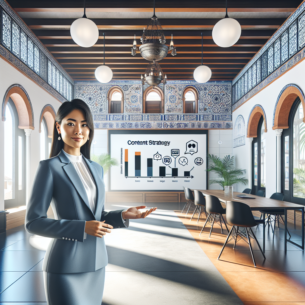 Business professional presenting digital content strategy on screen in modern Malaga office with Mediterranean windows and floating content icons representing articles and social media