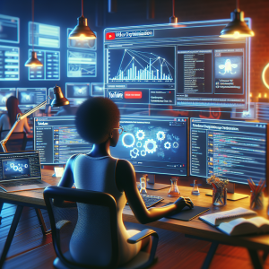 Digital marketer working at desk with multiple computer monitors displaying YouTube analytics dashboard, video thumbnails, and SEO optimization tools in modern office setting with warm lighting