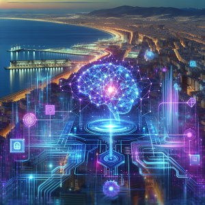Futuristic digital illustration depicting artificial intelligence neural networks with glowing blue and purple connections merging with search engine interfaces, representing machine learning in SEO optimization with abstract technological elements and data streams