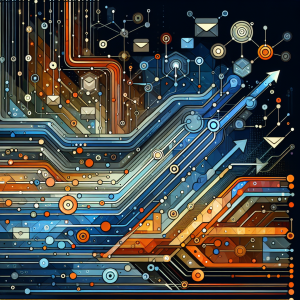 Abstract digital illustration depicting interconnected email automation workflows with nodes, pathways, and data analytics icons in blue and orange colors representing sophisticated marketing technology and behavioral triggers