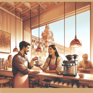 Barista personally serving coffee to smiling customer in modern Malaga café with natural lighting and Mediterranean design elements showcasing personalized brand experience and emotional customer connection