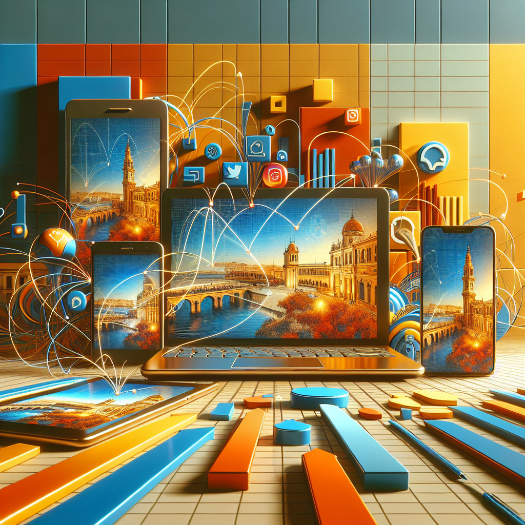 Digital devices displaying synchronized content across multiple social media platforms with connecting lines, featuring warm Mediterranean colors suggesting Malaga Spain, illustrating multi-channel content distribution strategy