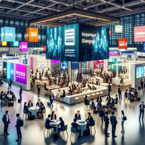 Modern trade show booth with professional lighting and engaged business professionals having conversations in a well-designed exhibition space with interactive displays and tall banners