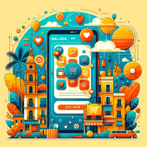 Modern smartphone displaying social media shopping interface with product tags and buy buttons, surrounded by shopping icons and engagement symbols, featuring warm Mediterranean colors representing Malaga's coastal atmosphere and the integration of social media with e-commerce