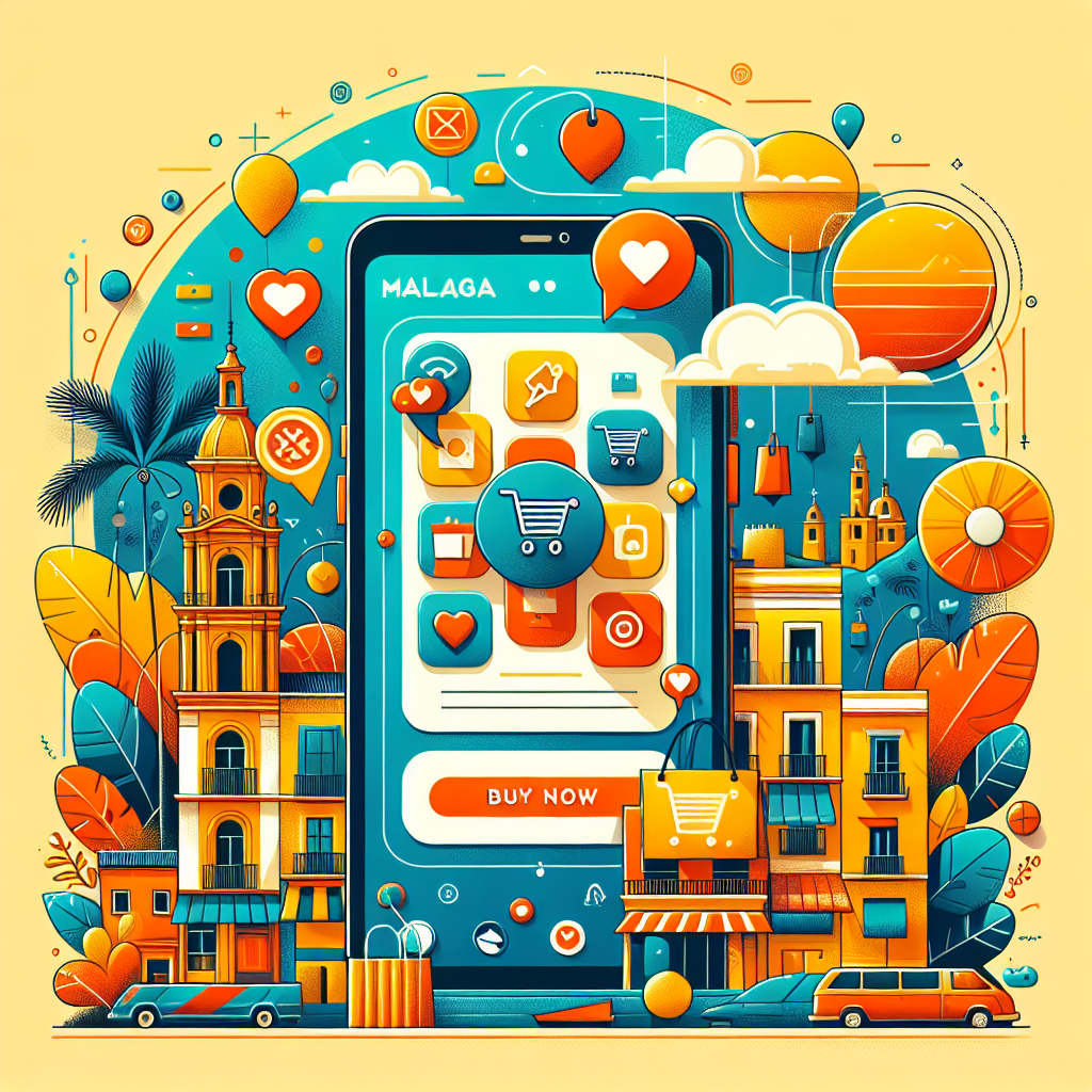Modern smartphone displaying social media shopping interface with product tags and buy buttons, surrounded by shopping icons and engagement symbols, featuring warm Mediterranean colors representing Malaga's coastal atmosphere and the integration of social media with e-commerce