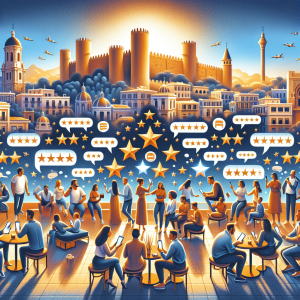 Diverse group of people interacting with floating five-star reviews and testimonials against Malaga's Alcazaba fortress and Mediterranean coastline backdrop at golden hour, illustrating the concept of social proof in marketing with warm professional colors and modern illustration style