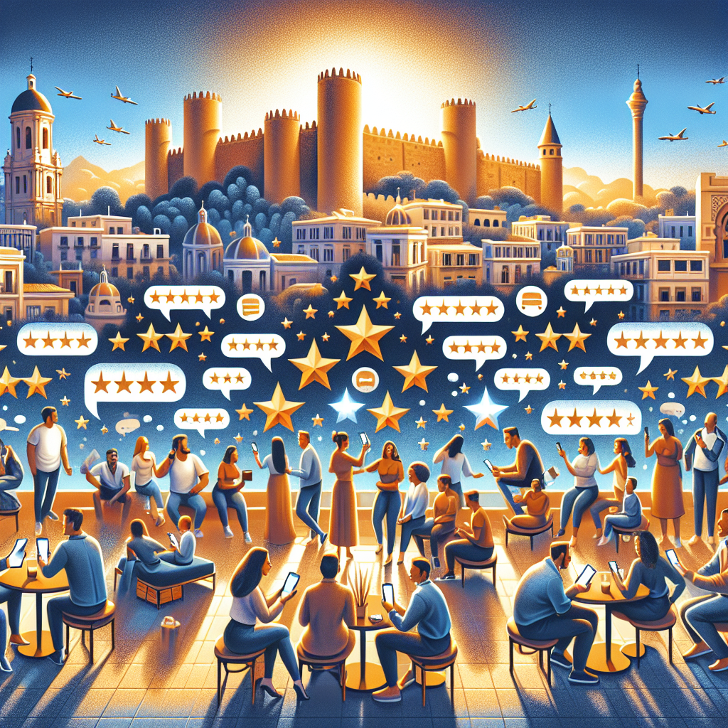 Diverse group of people interacting with floating five-star reviews and testimonials against Malaga's Alcazaba fortress and Mediterranean coastline backdrop at golden hour, illustrating the concept of social proof in marketing with warm professional colors and modern illustration style