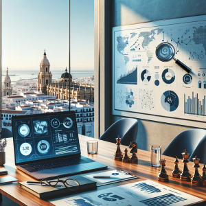 Modern office desk with laptop displaying competitive analysis charts and graphs, strategic planning documents, and Malaga cityscape through window, representing business intelligence and market research