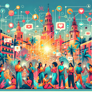 Diverse group of people connected through digital networks and social media platforms around a Mediterranean coastal cityscape with palm trees, illustrating community-driven marketing and brand advocacy through online engagement and customer connections