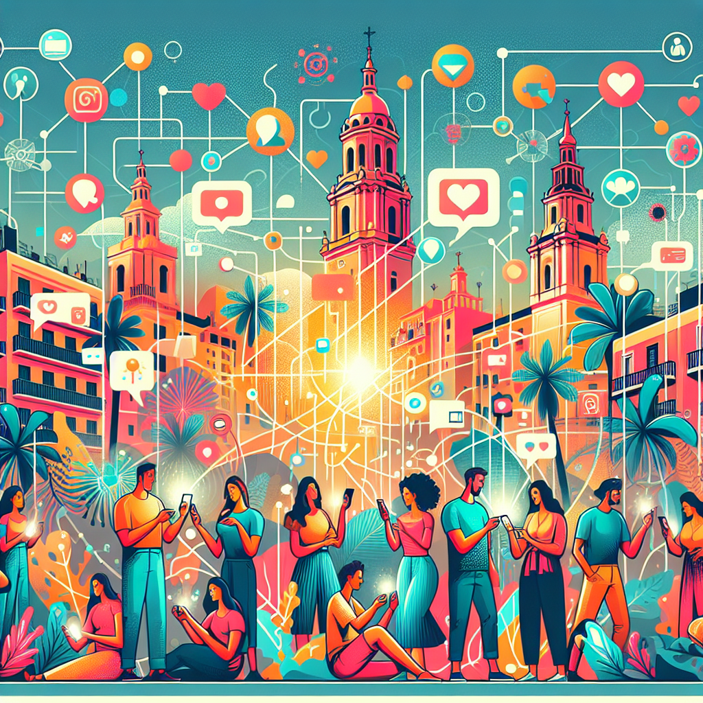 Diverse group of people connected through digital networks and social media platforms around a Mediterranean coastal cityscape with palm trees, illustrating community-driven marketing and brand advocacy through online engagement and customer connections