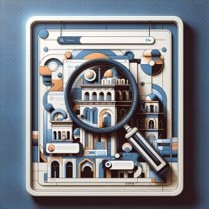 Digital illustration of a magnifying glass examining a search results page with an emphasized featured snippet box at the top, incorporating Malaga coastal architectural elements in a modern blue and orange color scheme representing search engine optimization and authority