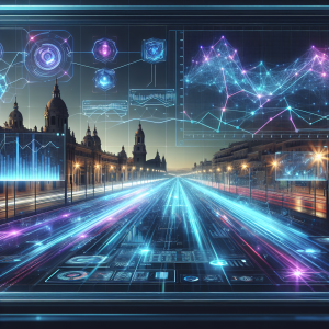 Modern digital dashboard displaying programmatic advertising analytics with glowing data streams, real-time bidding graphs, network connections, and holographic displays featuring Malaga architectural elements in a blue and purple color scheme representing automated ad buying technology