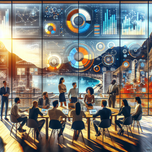 Business professionals in a modern Malaga office reviewing customer lifetime value analytics on a digital screen with Mediterranean sea views in the background, representing data-driven marketing decisions and CLV optimization strategies for Spanish businesses