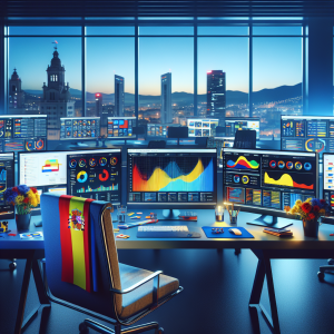 Professional digital marketing workspace showing multiple computer monitors displaying Google Ads analytics dashboards with colorful performance graphs and data visualizations, with Malaga cityscape visible through office window