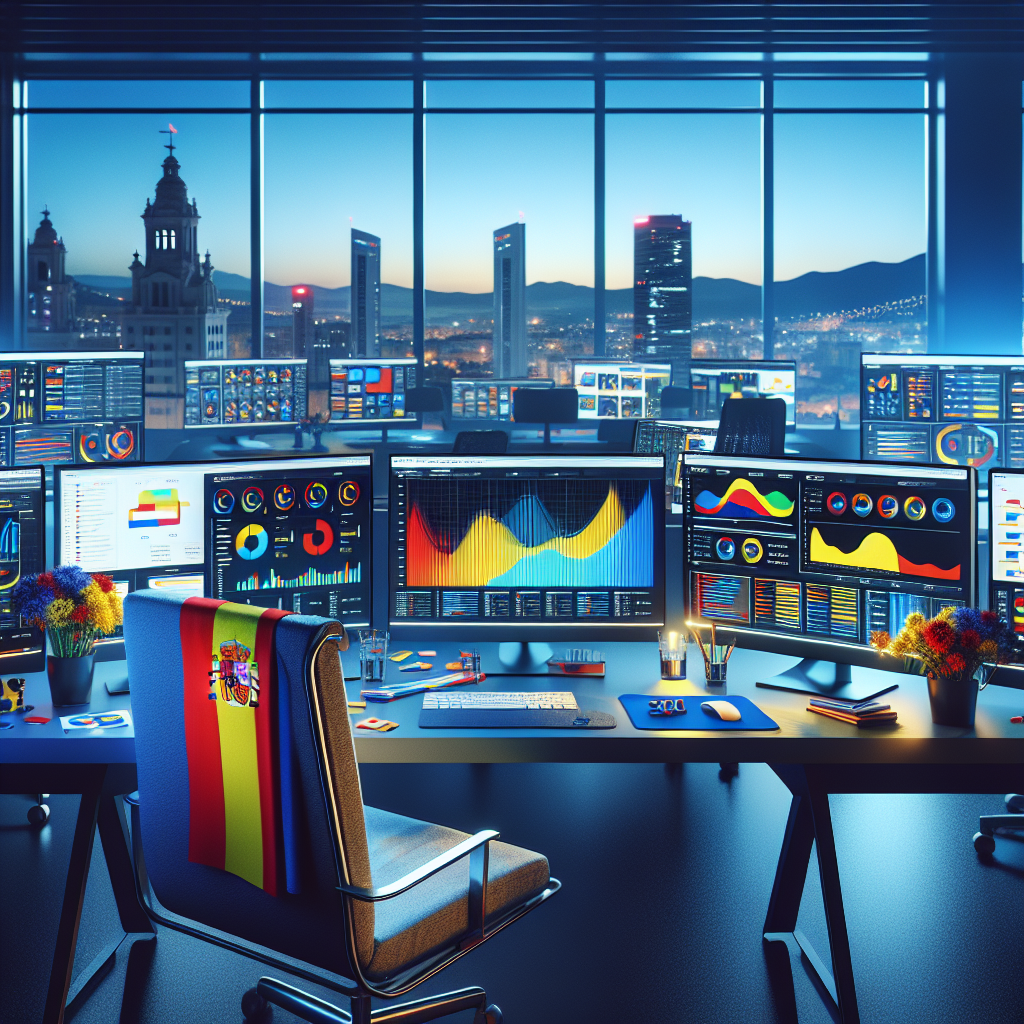 Professional digital marketing workspace showing multiple computer monitors displaying Google Ads analytics dashboards with colorful performance graphs and data visualizations, with Malaga cityscape visible through office window