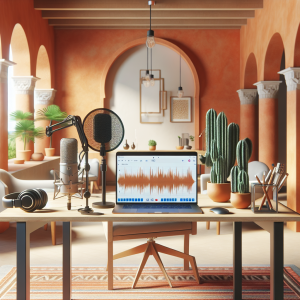 Professional podcast recording setup featuring a condenser microphone on a desk with laptop displaying audio editing software in a bright modern office with Mediterranean design elements and natural lighting